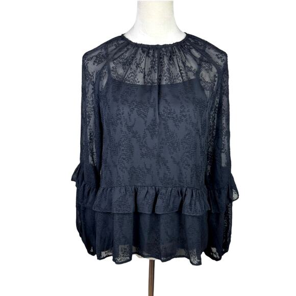 Pinch NWT Black Sheer Chiffon Textured Ruffle Long Sleeve Blouse w Camisole - Picture 1 of 15